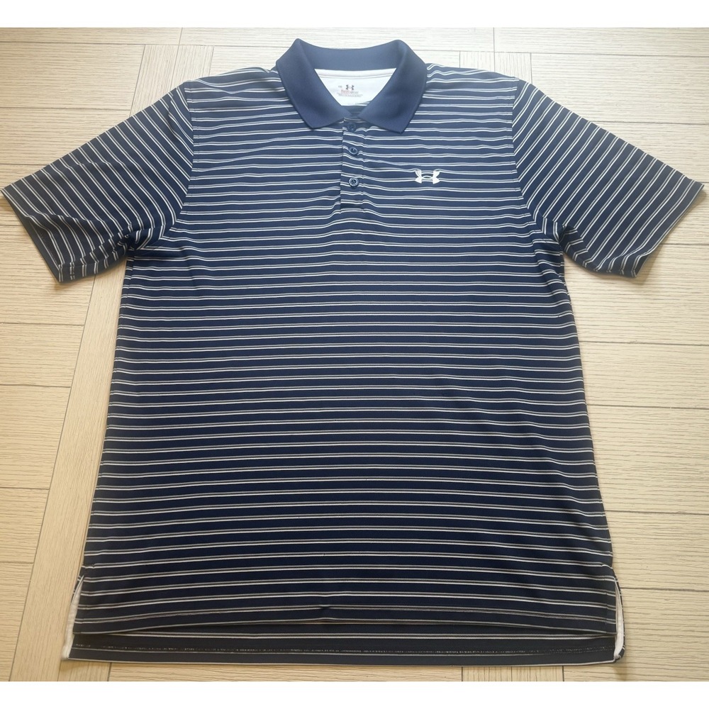 Under‎ Armour Heat Gear Navy Striped Golf Polo Short Sleeve Shirt. Sz L